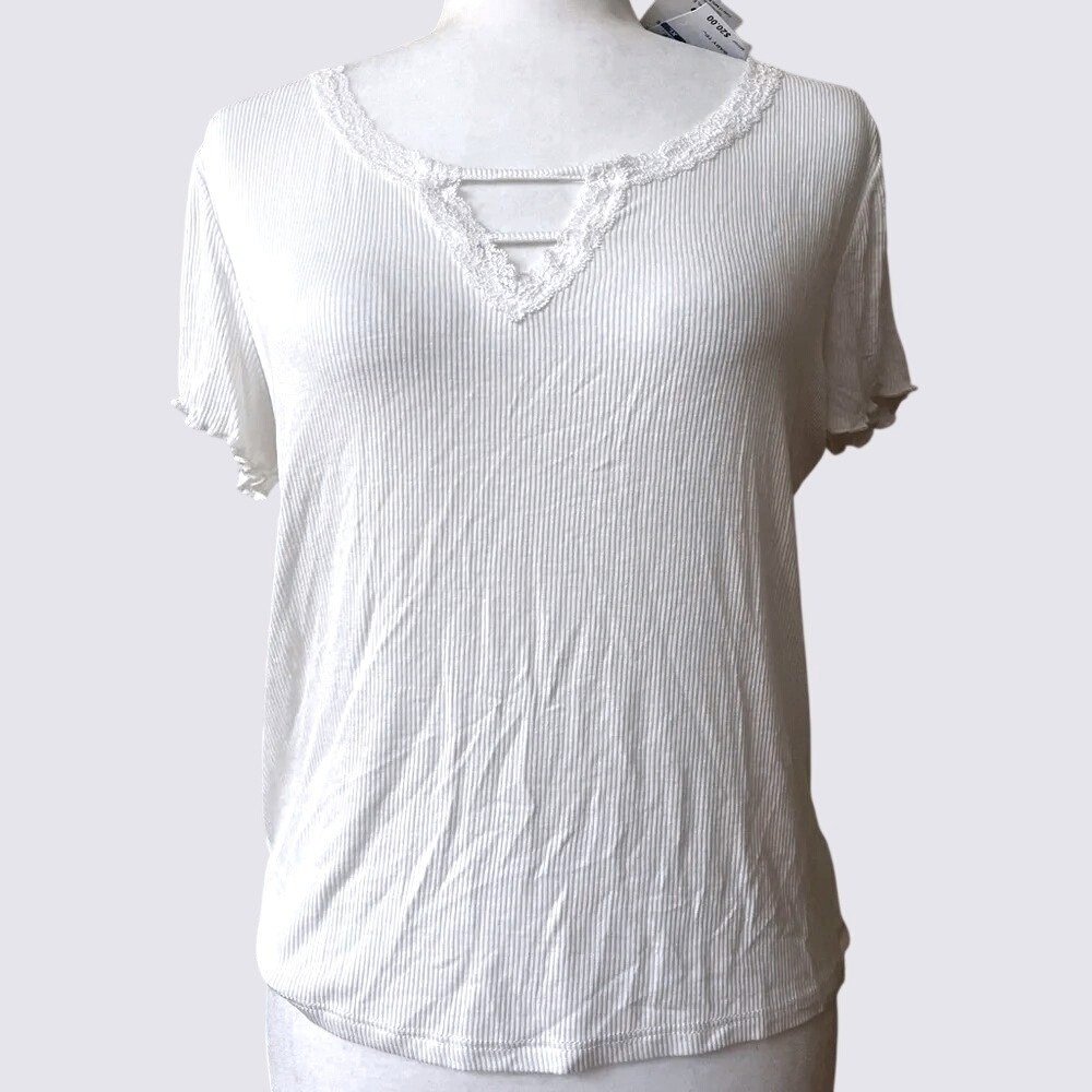 Hippie Rose Ribbed Short Sleeve V Neck Cut Out Top Junior XL Lace Off White NWT